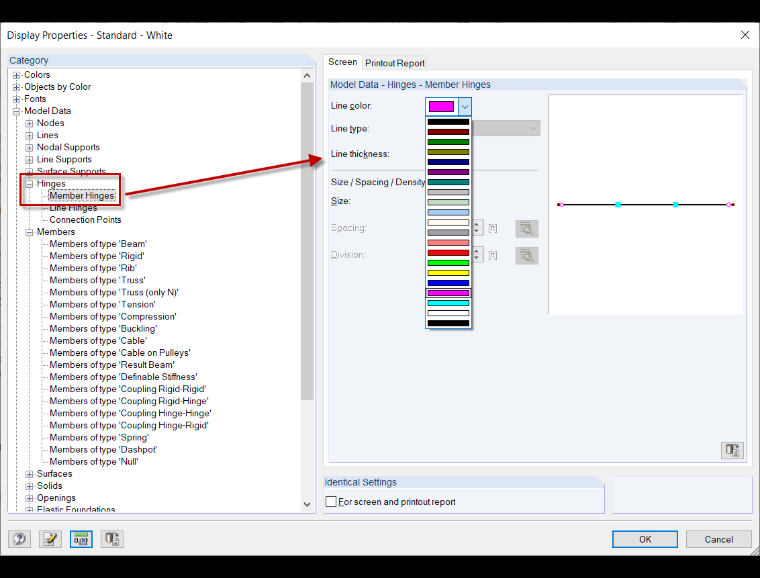 Display Properties for Member Hinges