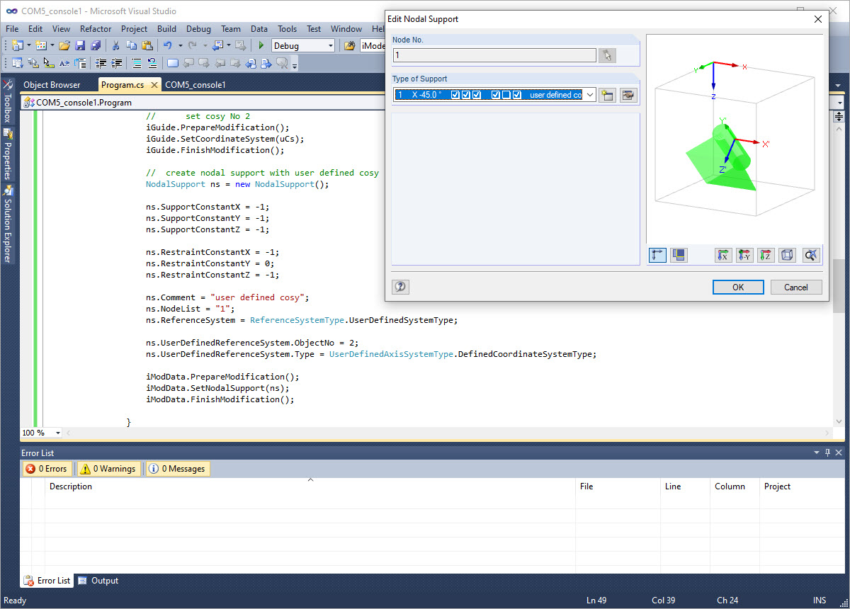 Nodal Support with User-Defined Coordinate System via COM Interface