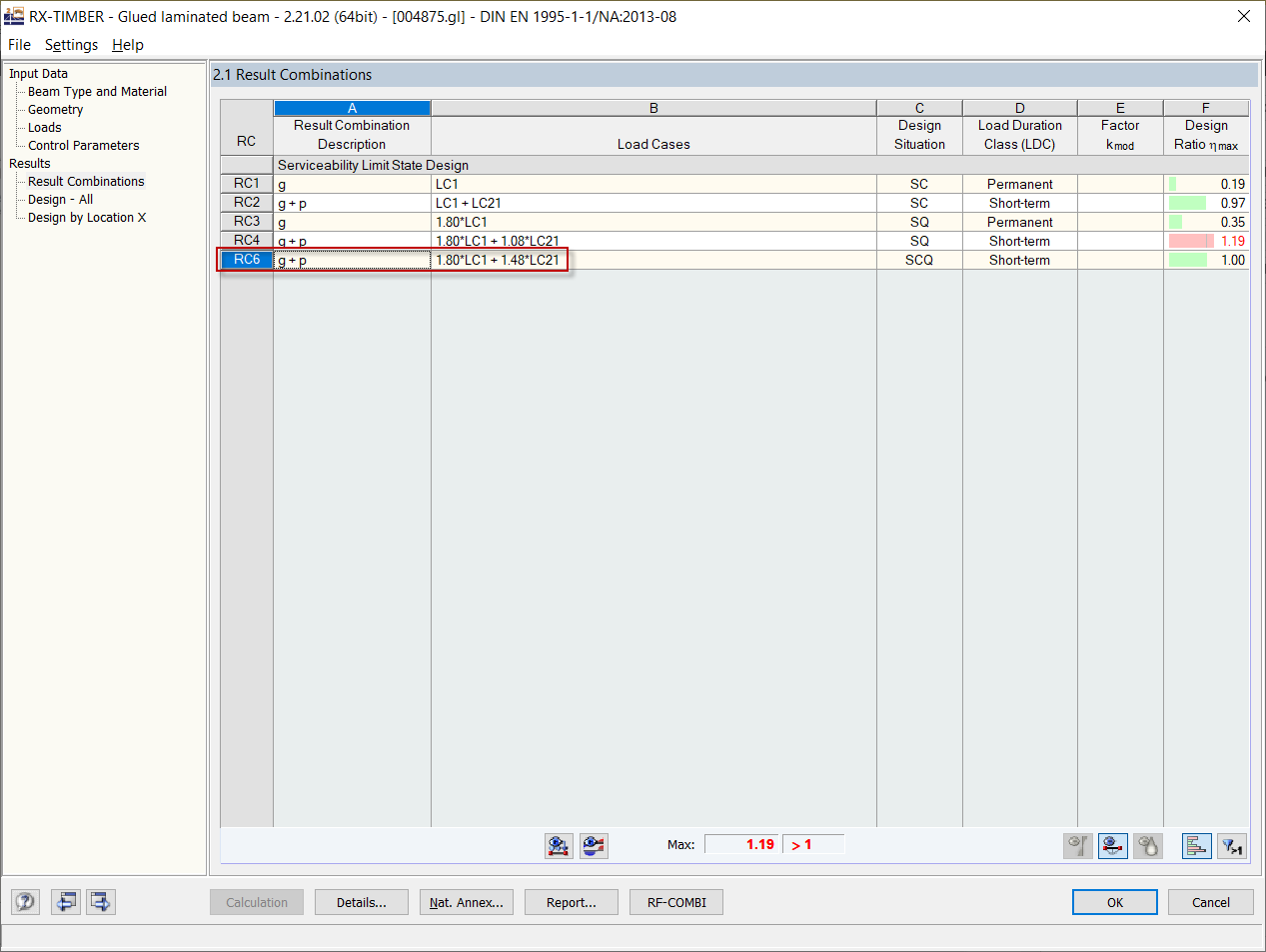 Window 2.1 Result Combinations