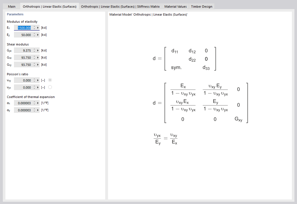 Stiffness Matrix for Orthotropic Linear Elastic Material (Surfaces)