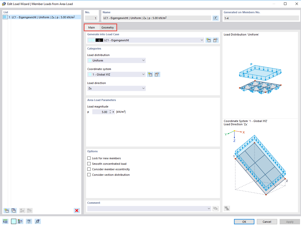 FAQ 005053 | What options are available to distribute the surface loads on members of a planar member structure as member loads?