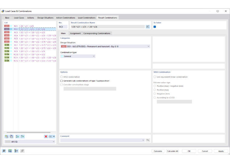 Dialog Box "Load Cases and Combinations", Tab "Result Combinations"