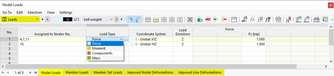 Loads in Table