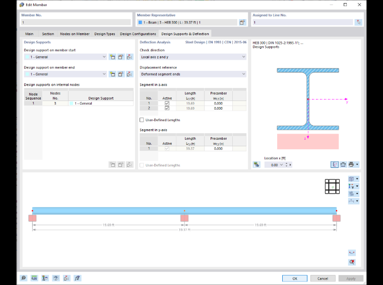 Dialog box for editing members, with a focus on deflection settings.