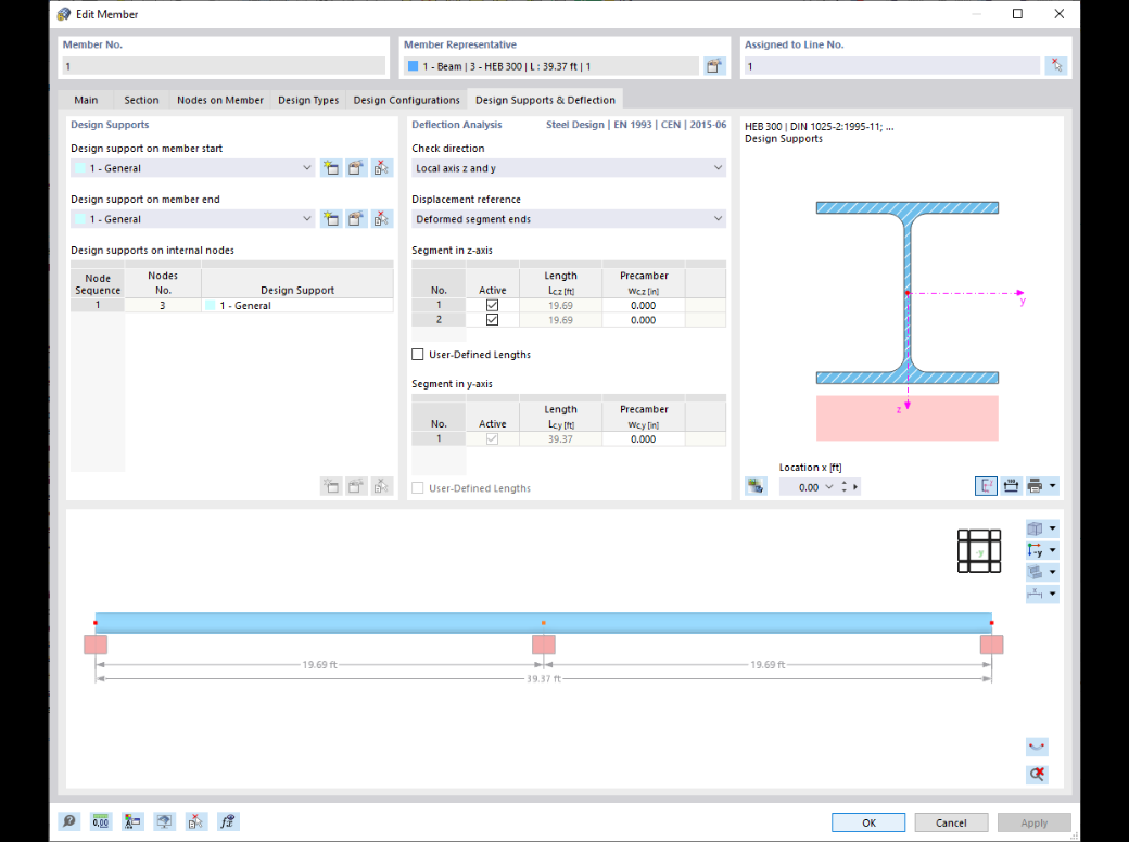 Dialog box for editing members, with a focus on deflection settings.