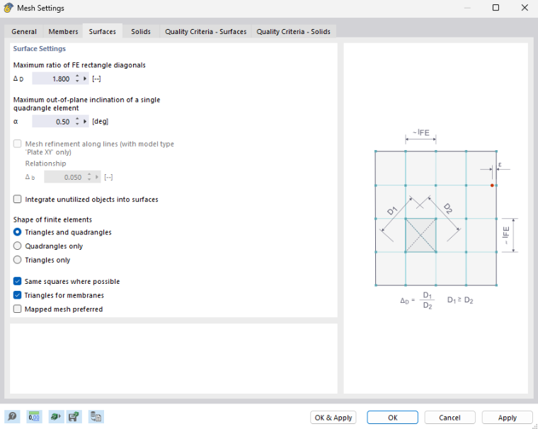 Dialog Box "Mesh Settings", Tab "Surfaces"