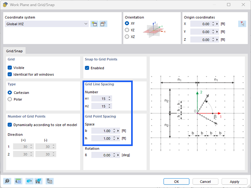Dialog box "Work Plane and Grid/Snap"