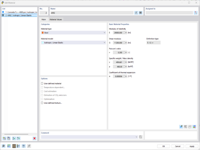 Concrete and steel materials defined in the "New Material" dialog box