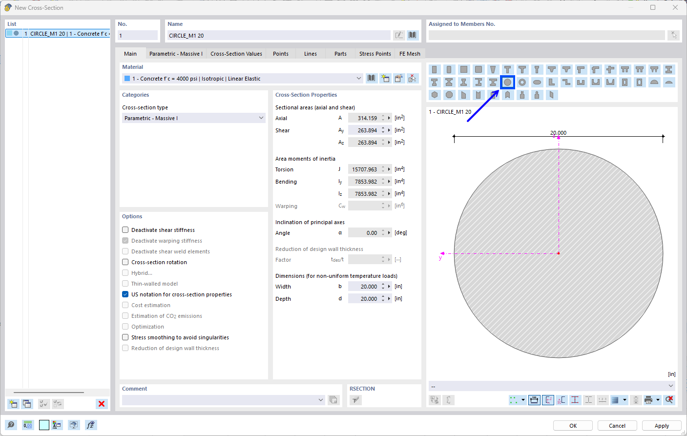 Selecting a parametric circular cross-section in the library