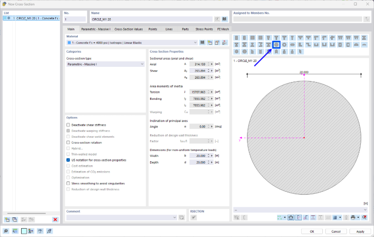 Selecting a parametric circular cross-section in the library