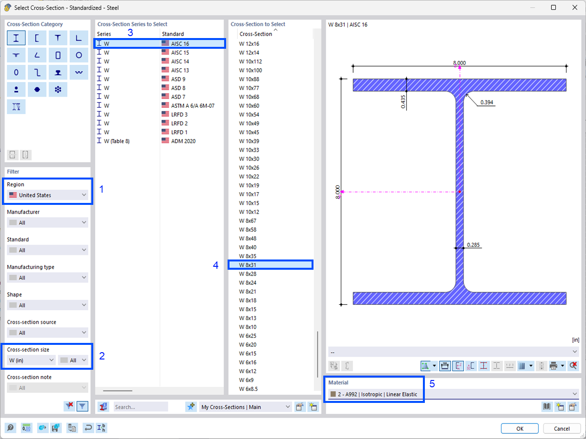 Selecting a W 8x31 cross-section in the library