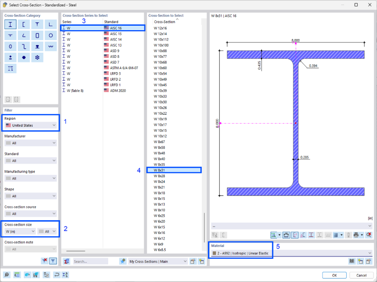 Selecting a W 8x31 cross-section in the library