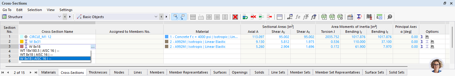 Defining W 8x18 in the "Cross-Sections" table