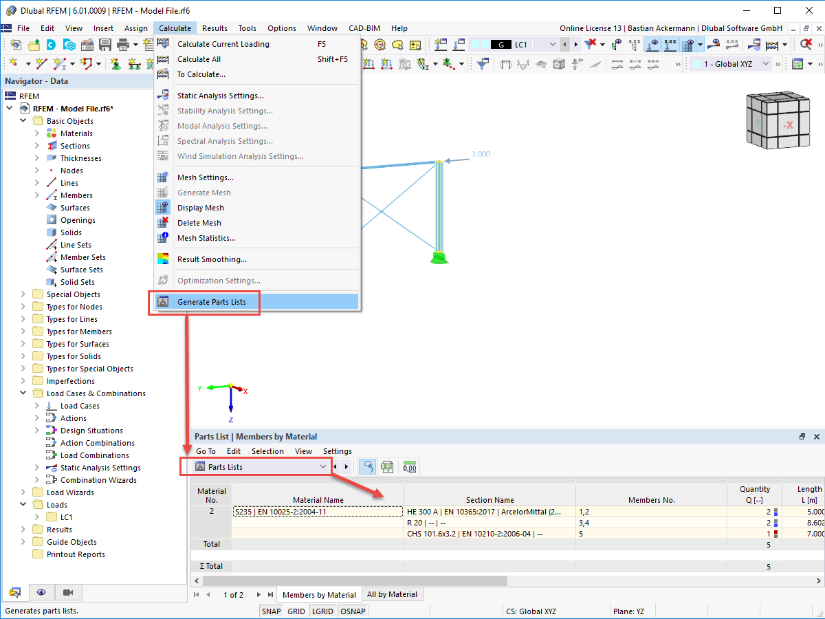 FAQ 005145 | How can I generate parts lists in RFEM 6 and RSTAB 9?