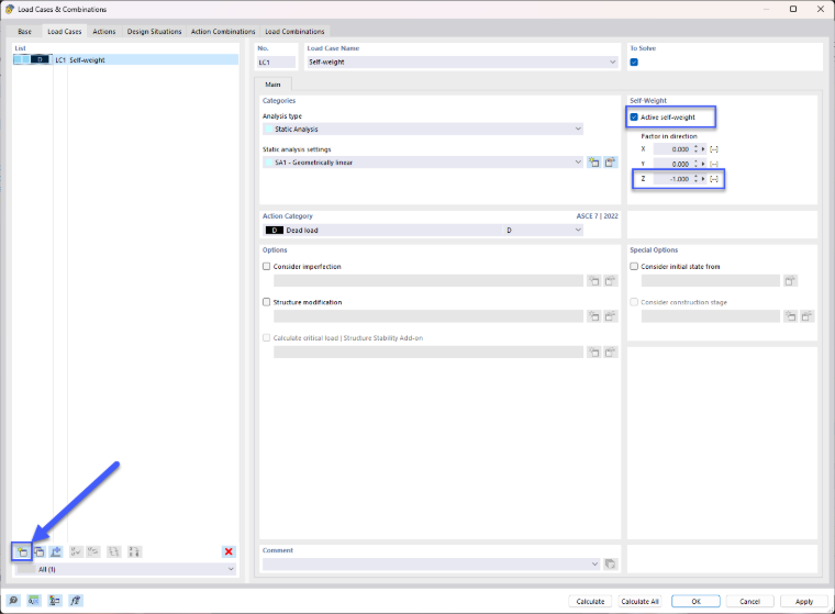 Dialog Box "Load Cases & Combinations"