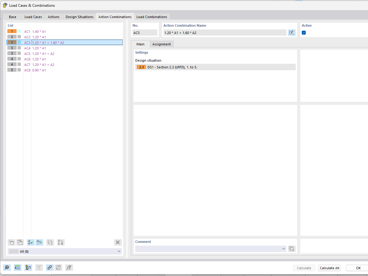 Tab "Action Combinations" and Subtab "Assignment" Showing Actions and Load Factors of AC3 Combination