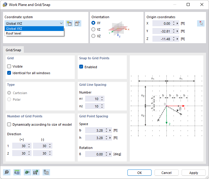 Dialog Box "Work Plane and Grid/Snap"