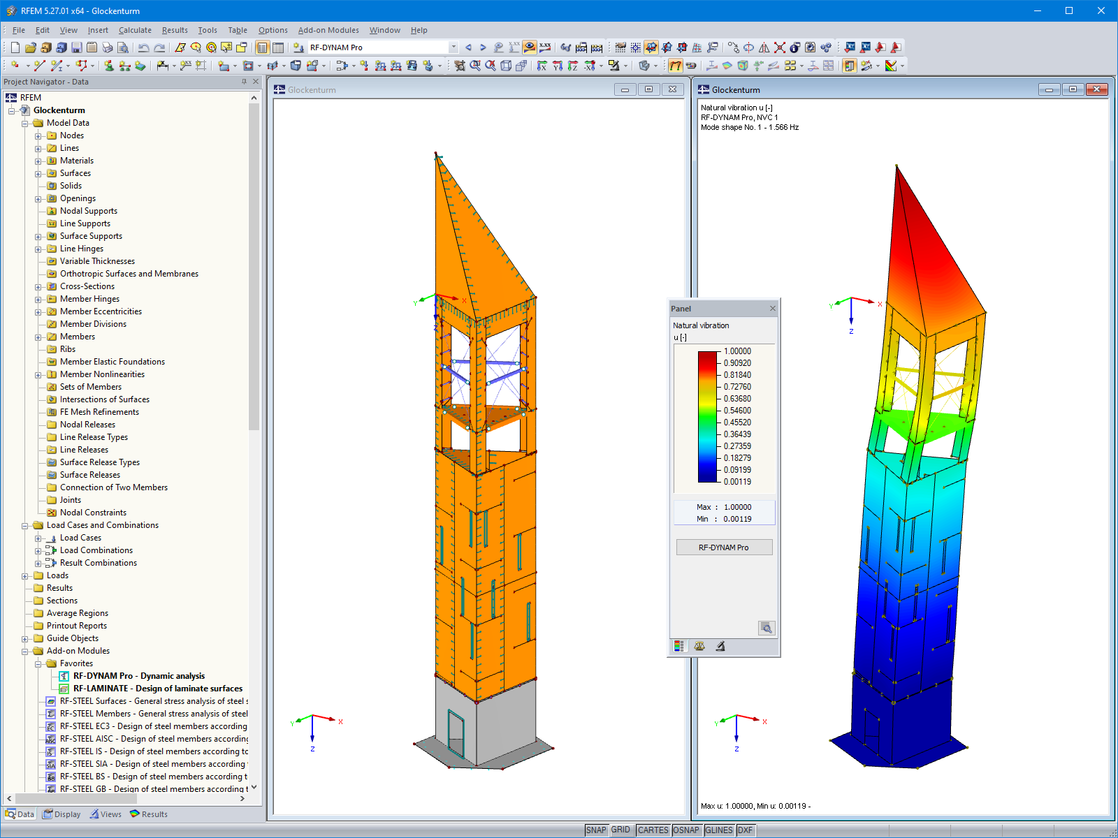 Tower Model (Left) and First Mode Shape (Right) in RFEM (© ingwh)