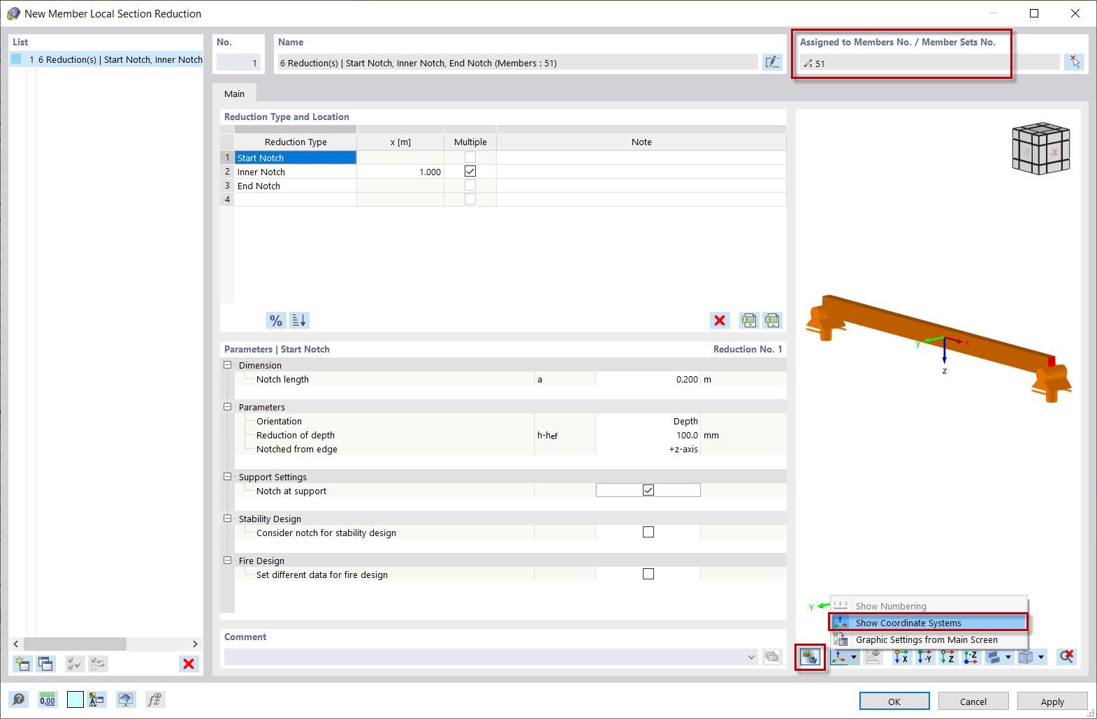 Displaying local member section reductions and member axes in the dialog graphic