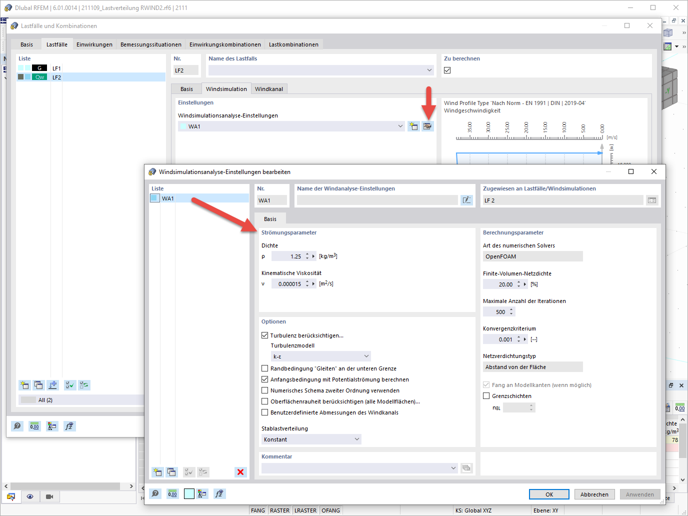 FAQ 005157 | Where can I adjust the settings of my wind simulation in RFEM 6 / RSTAB 9?