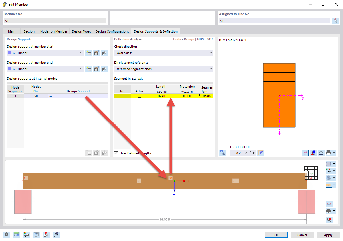 Definition of Segments for Deformation Analysis | Without Design Support at Intermediate Node