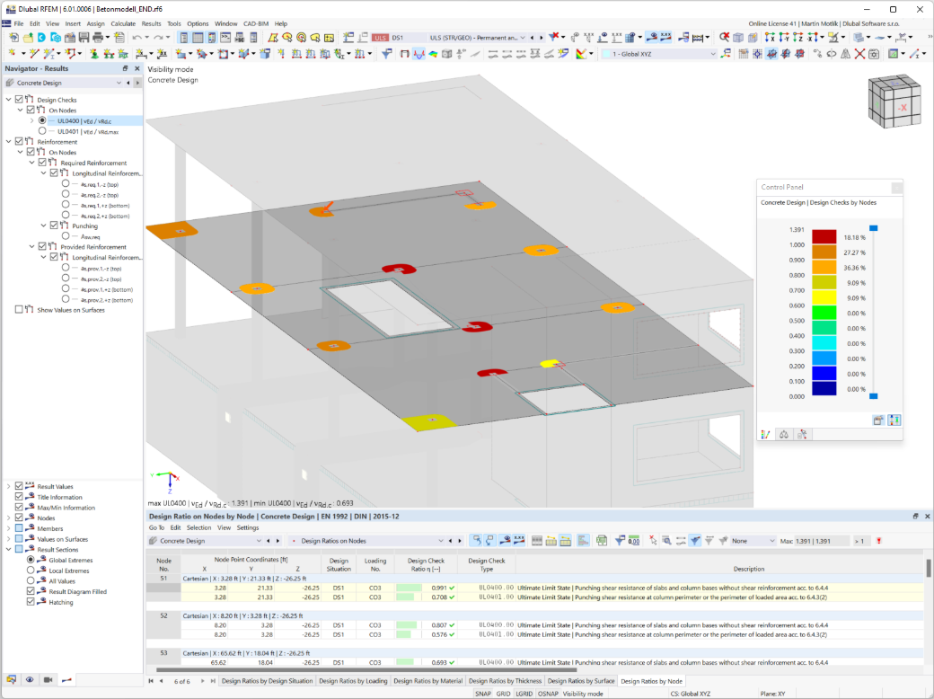 Concrete design using RFEM for punching shear design with v-Ed and v-Rd,c design ratio.