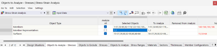 Table "Objects to Analyze – Stresses" for Stress-Strain Analysis