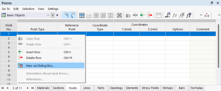Shortcut Menu in Table