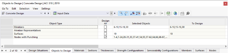 Table "Objects to Design" for Concrete Design