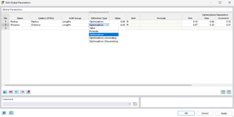 Defining global parameters for optimization