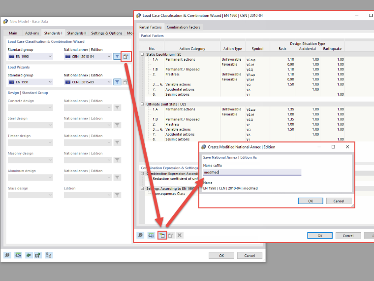 FAQ 005206 | How can I adjust the partial safety factors and combination coefficients in RFEM 6 and RSTAB 9?