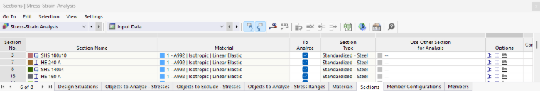Table "Sections" for Stress-Strain Analysis