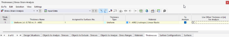 Table "Thicknesses" for Stress-Strain Analysis