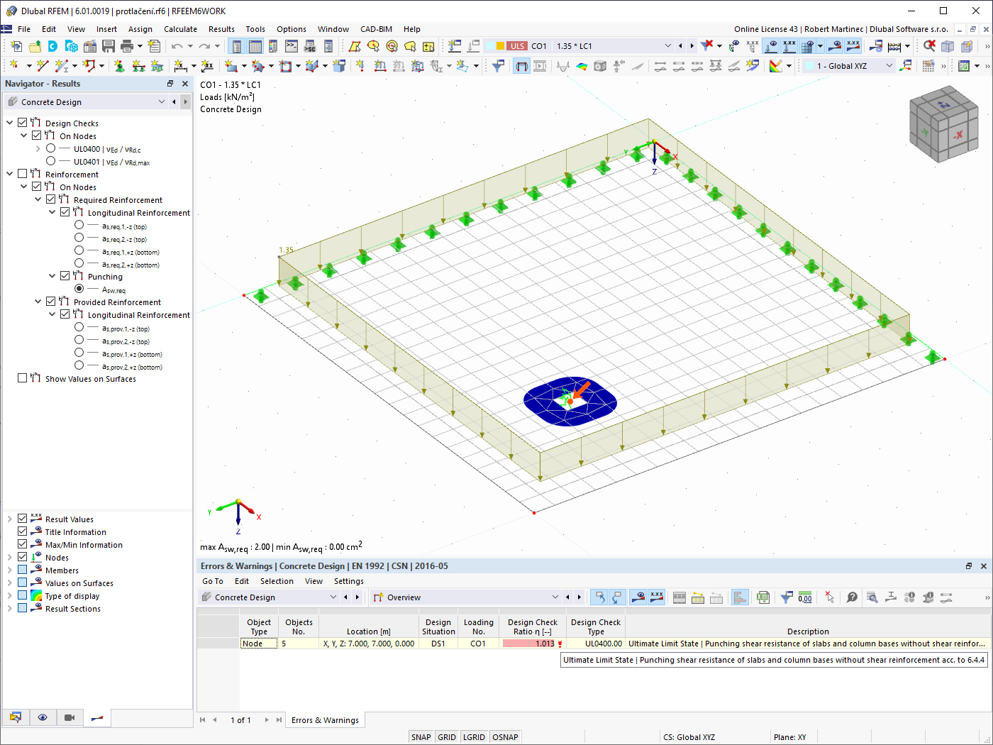 FAQ 005215 | RFEM 6 reports that the punching shear resistance design of a slab without shear reinforcement is not fulfilled. Can the program design this reinforcement?