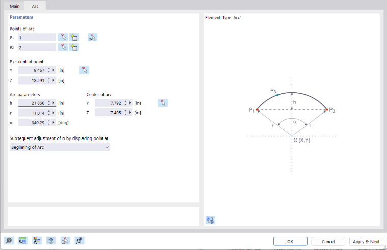 Dialog Box "New Element", Tab "Arc"