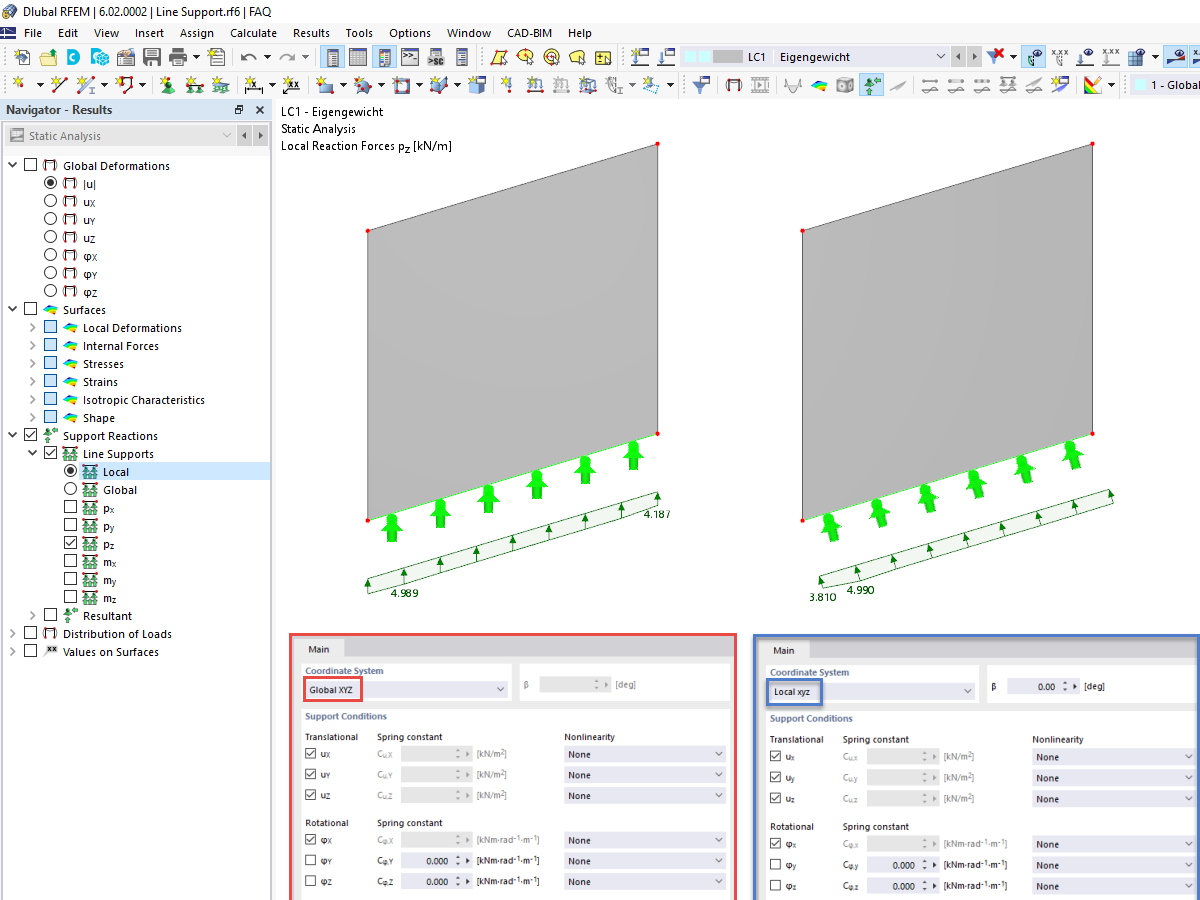 FAQ 005221 | I do not get any local support reactions on line supports in RFEM 6. What should I do to get them?