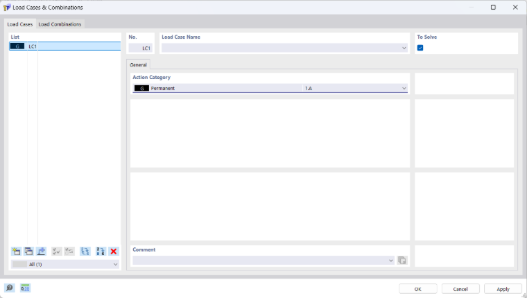Dialog Box 'Load Cases and Combinations', Tab 'Load Cases'