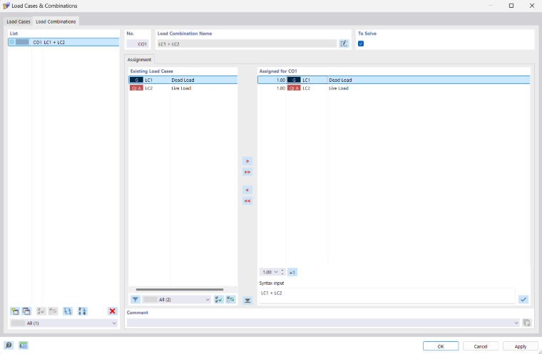 Dialog Box "Load Cases and Combinations", Tab "Load Combinations"
