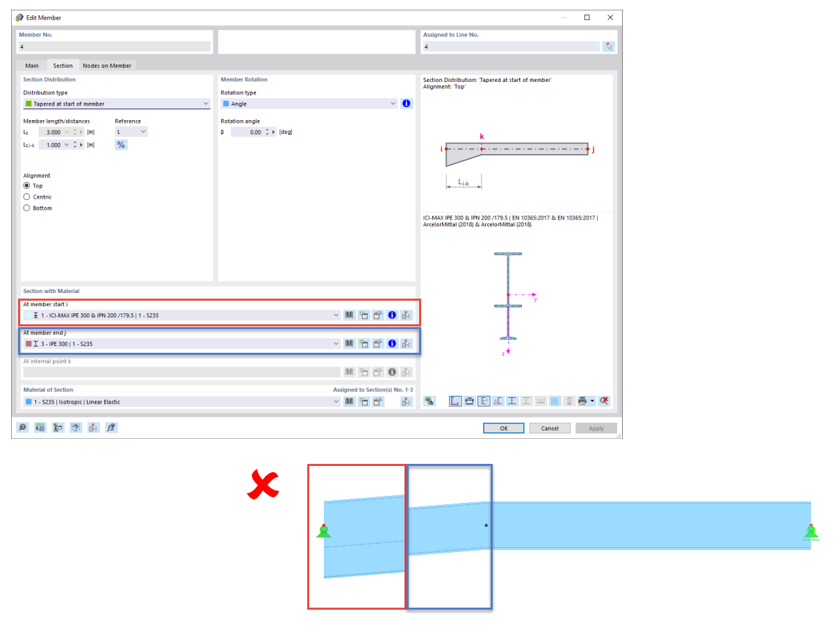 FAQ 005225 | I would like to model a frame beam with a tapered cross-section. For this, I have created a member with the cross-section distribution "Tapered...