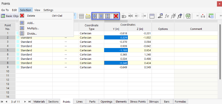 Highlighted Cells and Edit Functions via Menu and Buttons