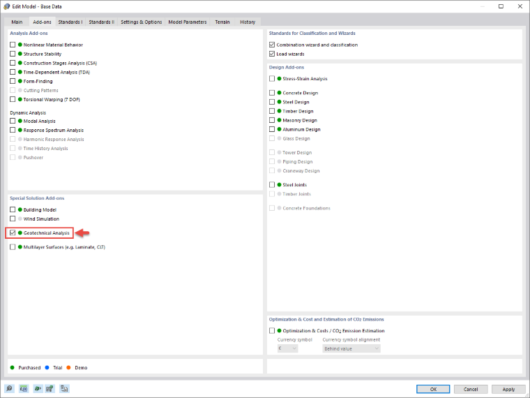 Activation of Geotechnical Analysis Add-on