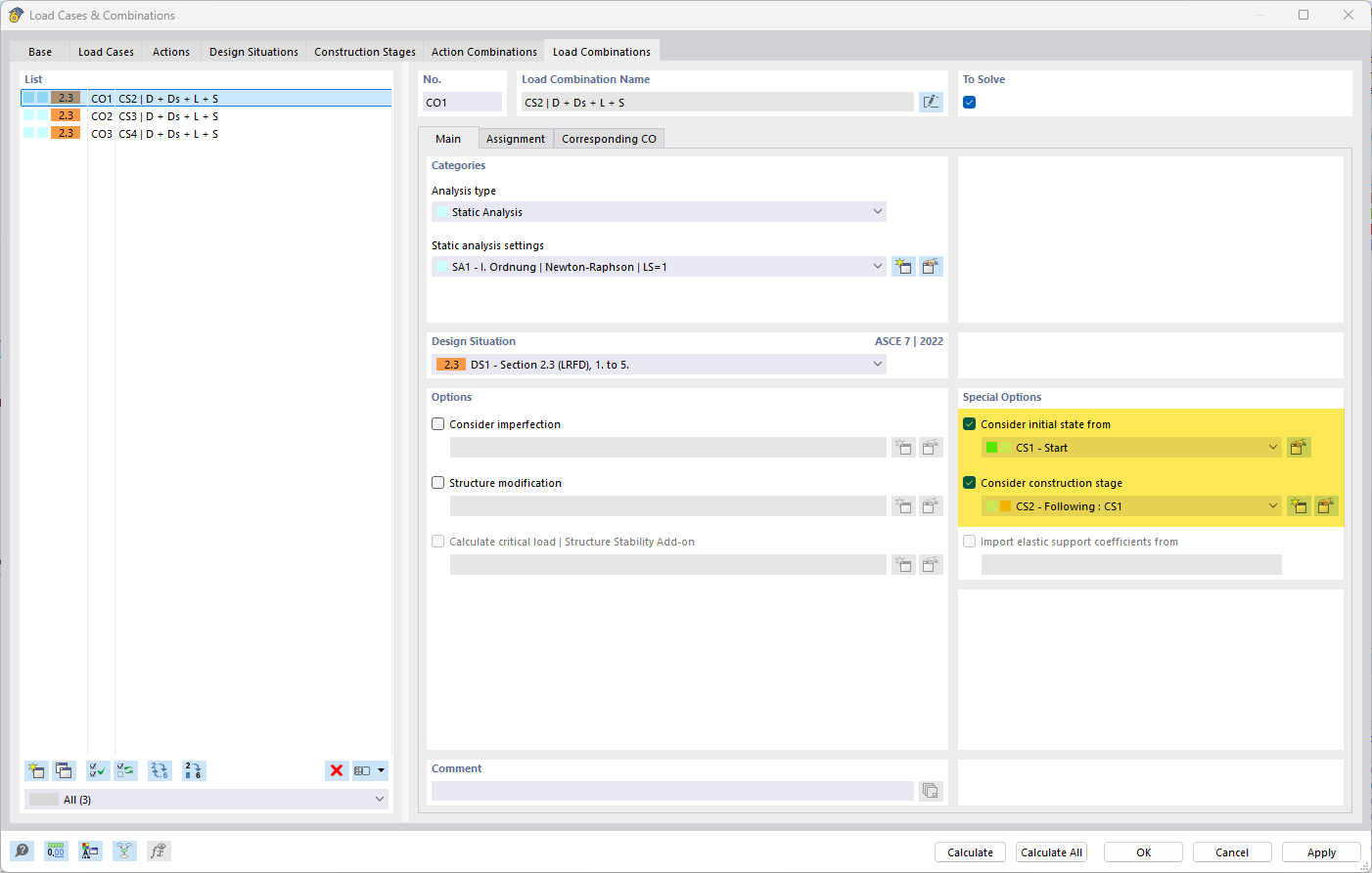 Specifying Initial State in Respective Load Combination