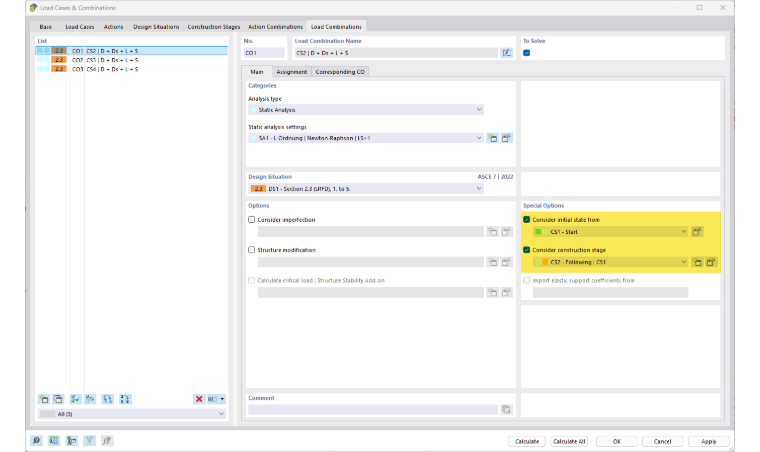 Specifying Initial State in Respective Load Combination
