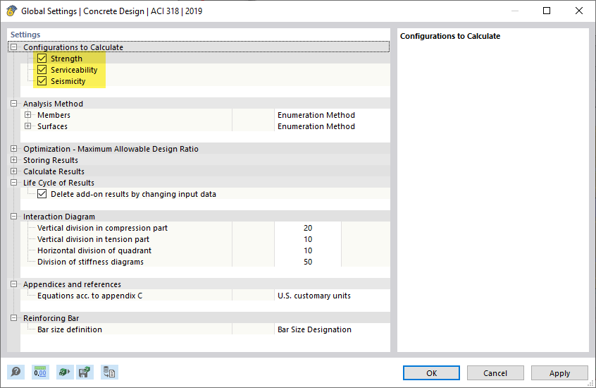 Configurations for Concrete Design According to ACI 318