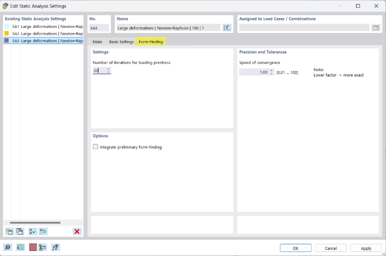 Static Analysis Settings, Tab Form-Finding