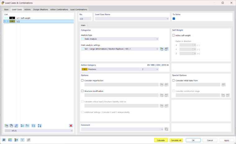 Dialog Box "Load Cases and Combinations" – Starting Calculation