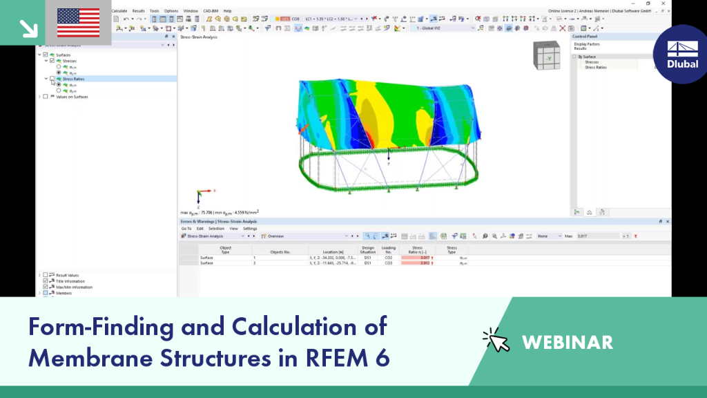 Screenshot from a webinar on forming and calculating membrane structures in engineering contexts using RFEM 6.
