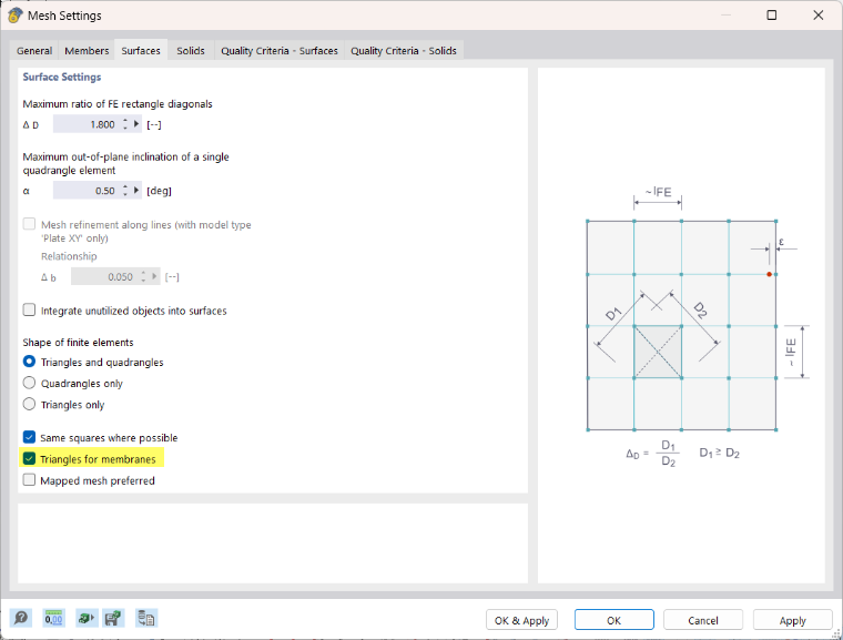 Dialog Box "Mesh Settings", Tab "Surfaces"