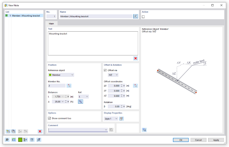 Dialog Box "New Note"