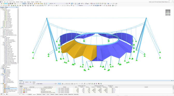 Model of a suspended membrane roof with a distinct ring opening for efficient structural design.